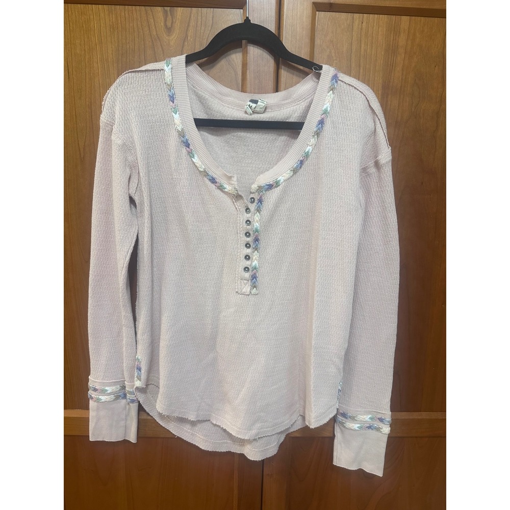 Free People We The Free Pink Waffle Knit Henley Thermal Top Medium boho